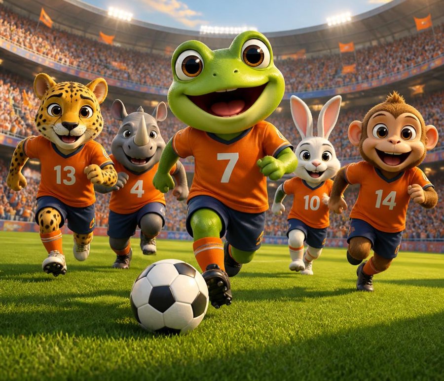 Grenouille et ses amis animaux en maillot orange courent avec le ballon dans un grand stade